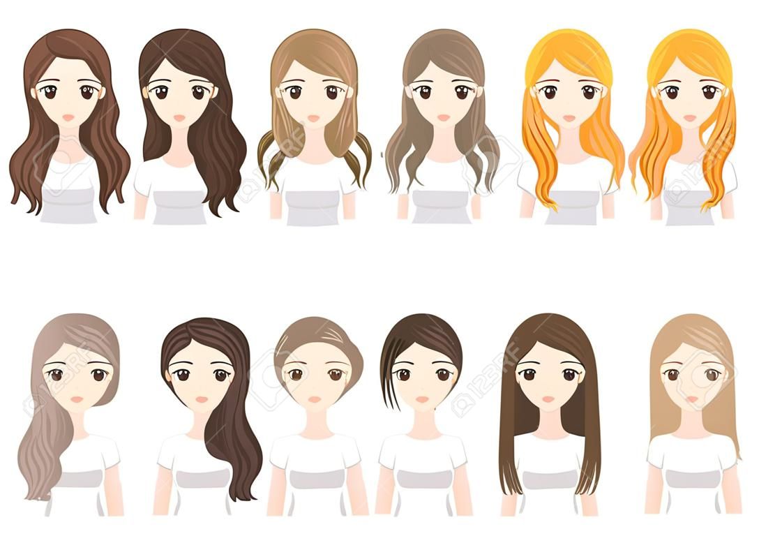Young woman with different hair styles isolated on white background. Vector illustration.