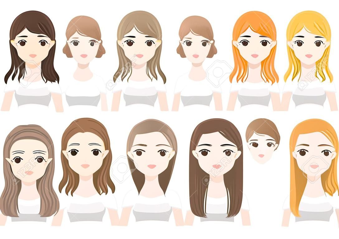 Young woman with different hair styles isolated on white background. Vector illustration.