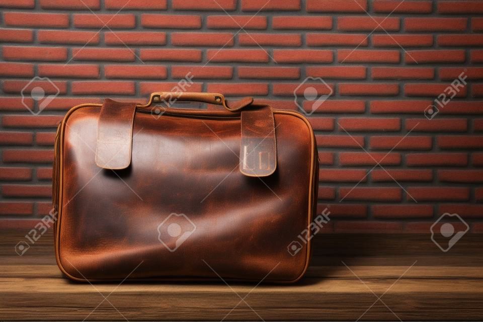 Vecchio stile di borsa per bagagli in pelle vintage con sfondo muro di mattoni