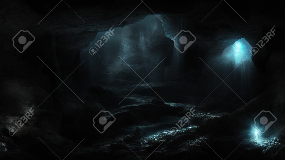 Lumière dramatique dans un paysage de grottes sombres, art numérique mystérieux et surréaliste