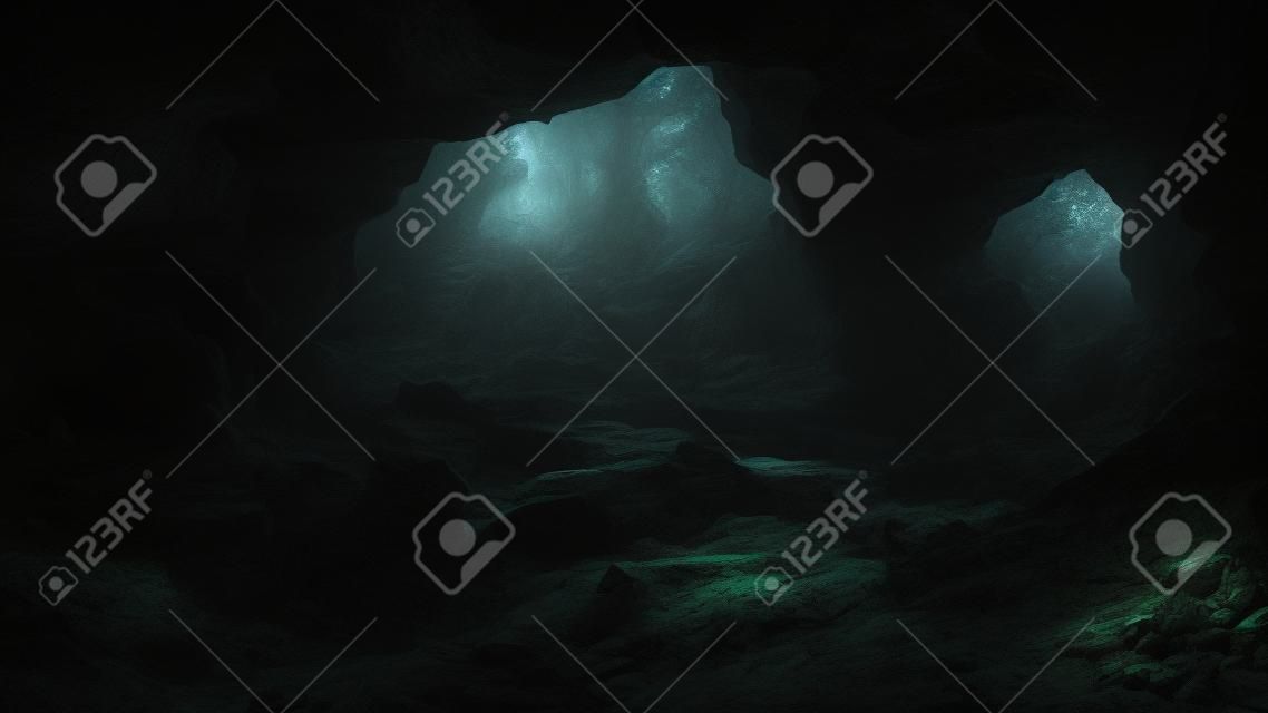 Dramatic light in dark cave landscape, mysterious and surreal, digital art