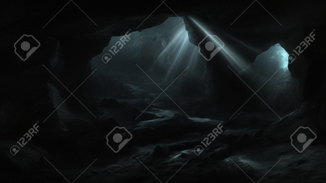 Dramatic light in dark cave landscape, mysterious and surreal, digital art