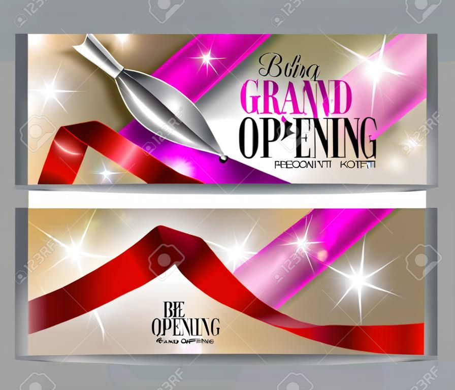 Grand opening banners with transparent air balloons and shiny konfetti