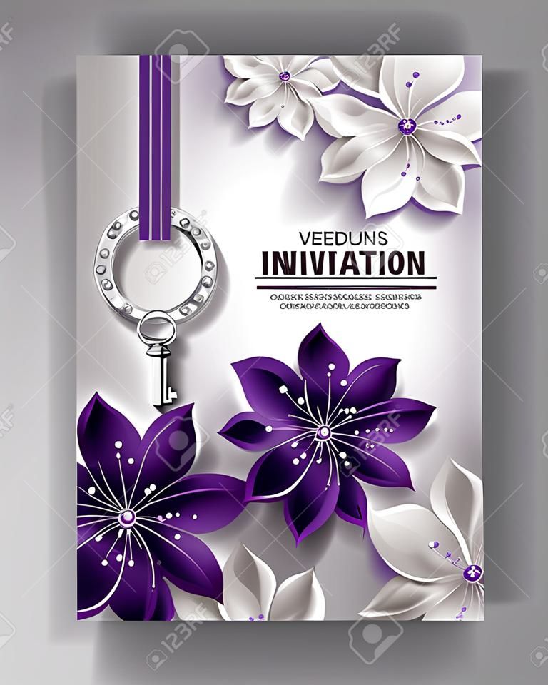 Elegante Einladungskarten mit lila und weißen Blüten und Schlüssel