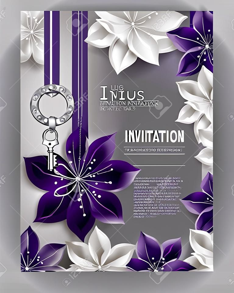 Elegant invitation cards with purple and white flowers and key