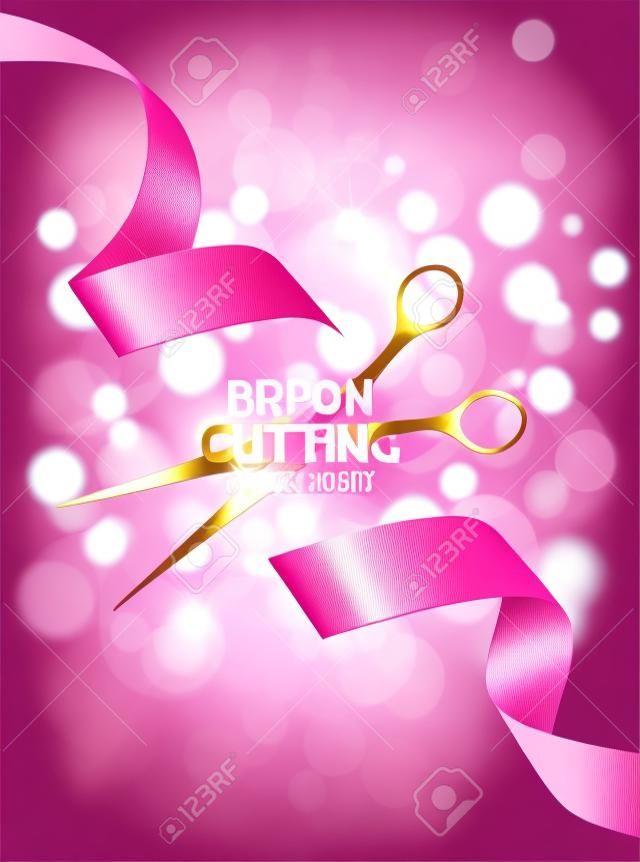 ribbon cutting ceremony card with pink ribbon and bokeh background