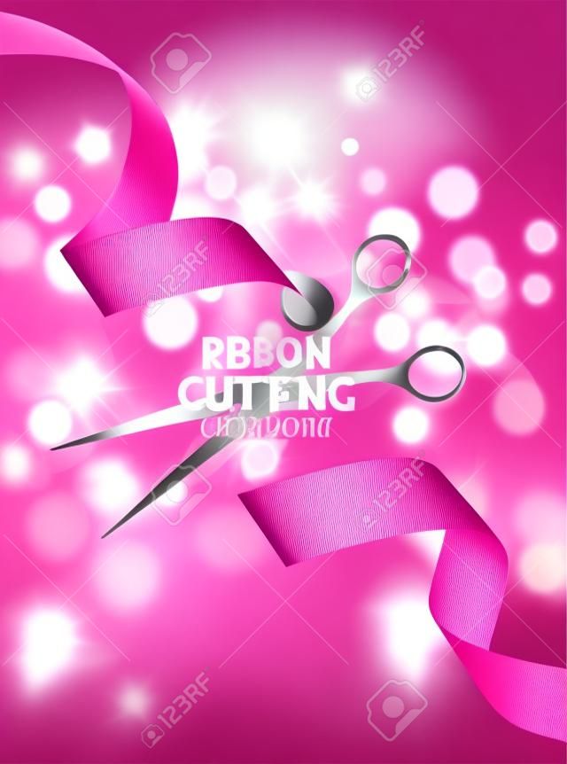 Banddurchtrennungszeremonie Karte mit rosa Band und Bokeh Hintergrund