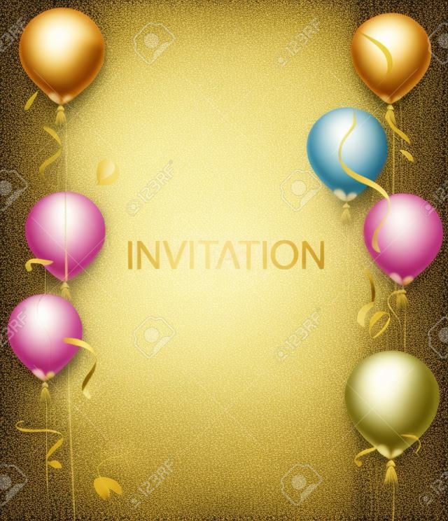 Invitation card. Party background. Gold shiny flying confetti and air balloons.  illustration