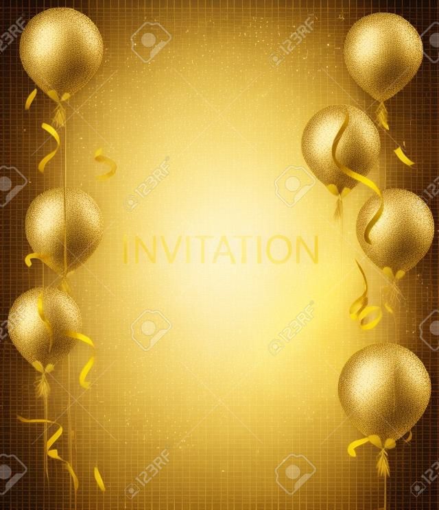 Invitation card. Party background. Gold shiny flying confetti and air balloons.  illustration