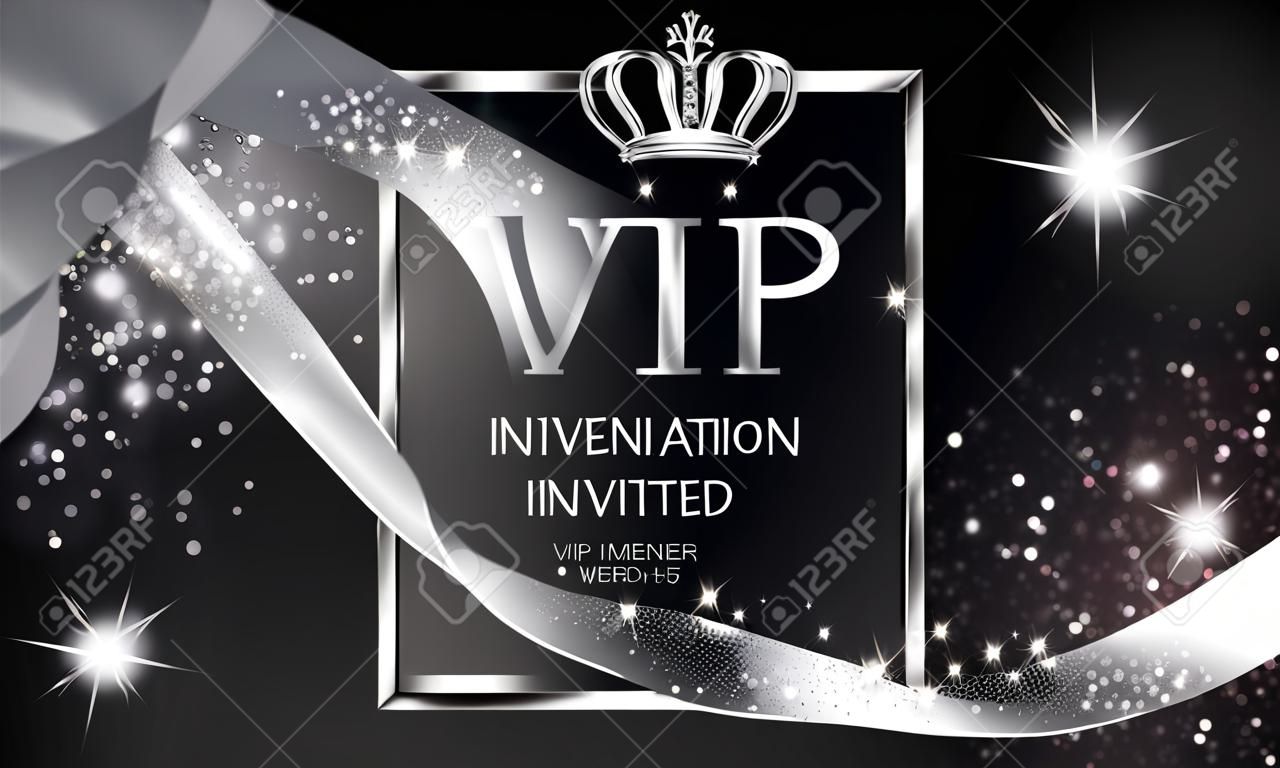 VIP Invitation card with sparkling silver curly ribbon, frame and crown. Vector illustration