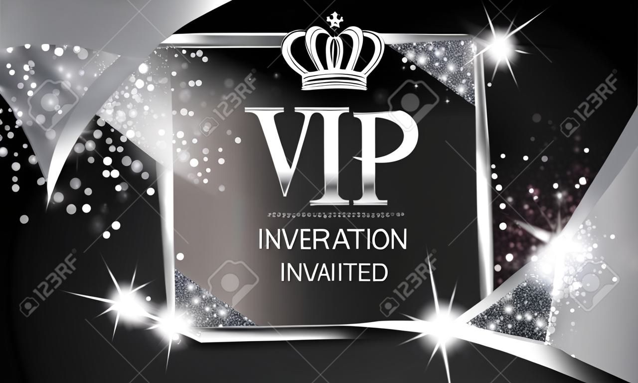VIP meghívó csillogó ezüst göndör szalag, keret és korona. Vektor illusztráció