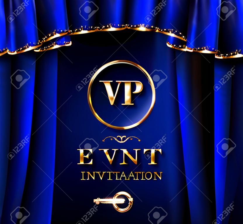 Blue VIP event invitation card with red curtains with gold shiny rim. Vector illustration