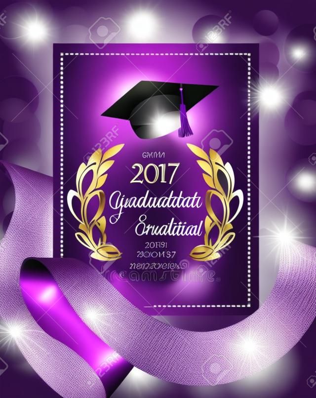2017 graduation invitation card with with purple curly ribbons with circle pattern, sparkling hat and unfocused background. Vector illustration