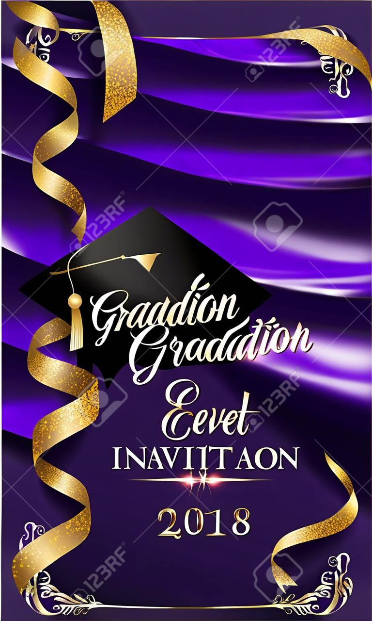 Graduation event invitation card with purple curtains with gold shiny edge and serpentine. Vector illustration