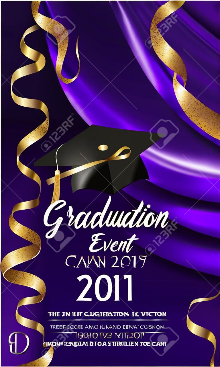 Graduation event invitation card with purple curtains with gold shiny edge and serpentine. Vector illustration