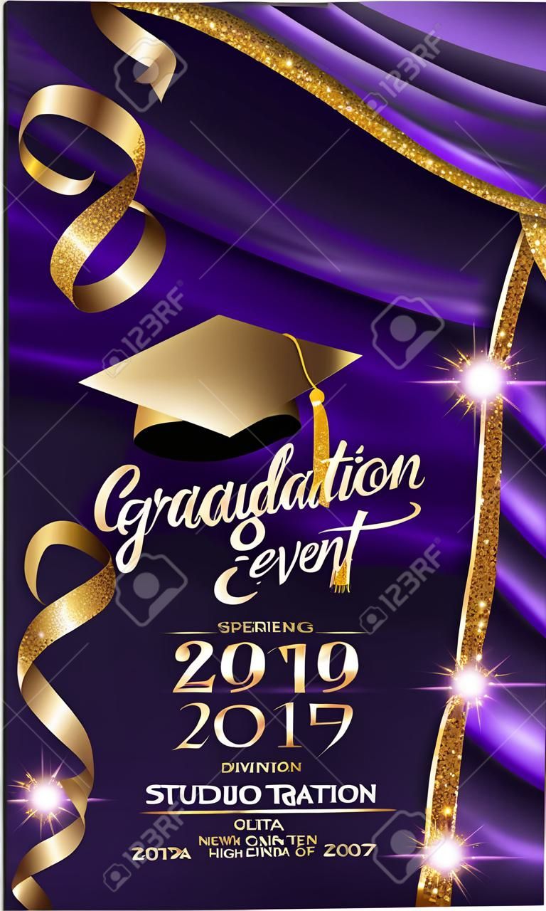 Tarjeta de invitación de evento de graduación con cortinas de color púrpura con borde dorado brillante y serpentina. Ilustración vectorial