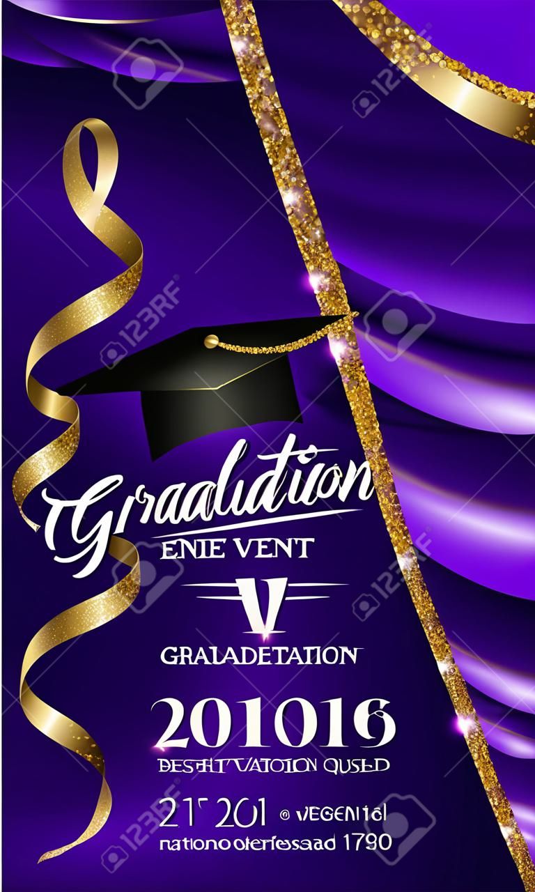Carte d'invitation d'événement de graduation avec des rideaux pourpres avec le bord et la serpentine brillants d'or. Illustration vectorielle