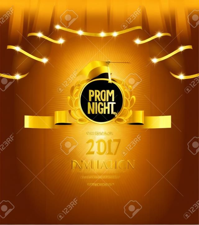 Prom night elegant banner with back curtains with gold sparkling edges and hat. Vector illustration