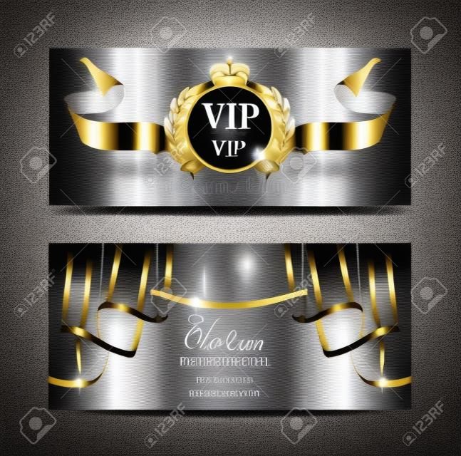 Vip invitation banners with black curtains with silver sparkling rim and sparkling ribbon. Vector illustration