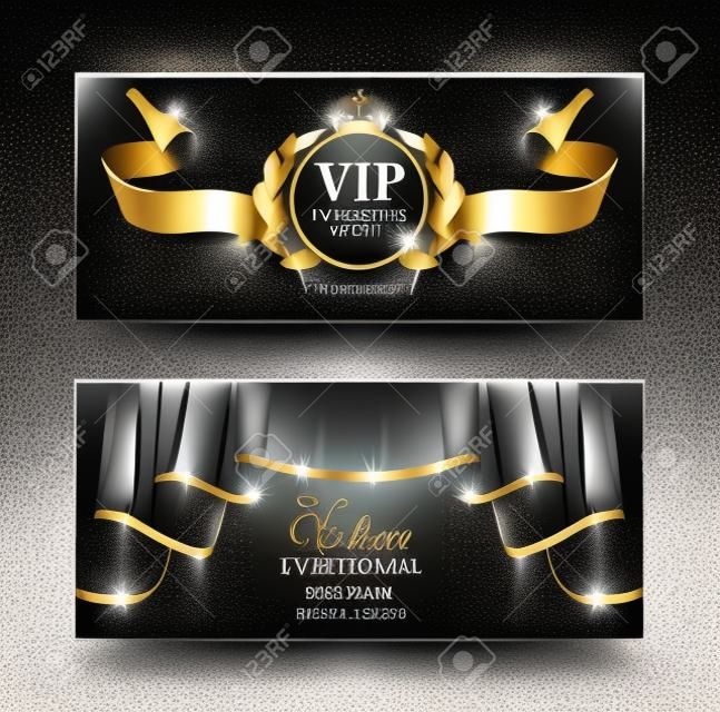 Vip invitation banners with black curtains with silver sparkling rim and sparkling ribbon. Vector illustration