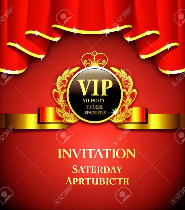 Vip invitation card with red curtains with gold sparkling rim. Vector illustration