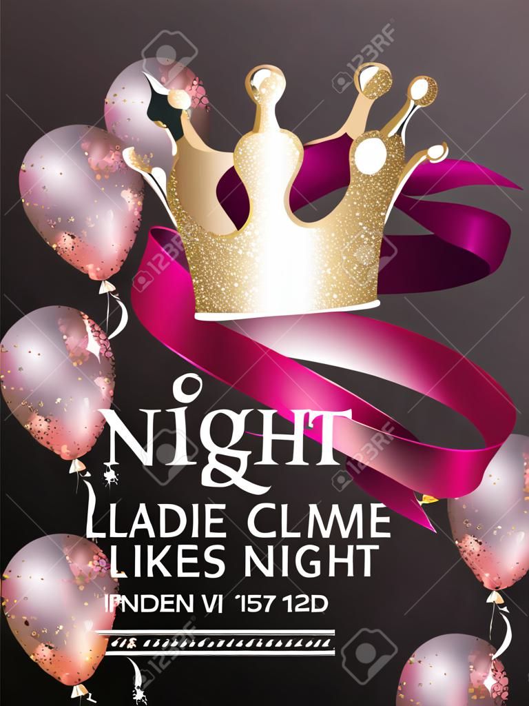Cartão de convite da noite das senhoras com fita cor-de-rosa encaracolada, balões de ar e coroa bonita.