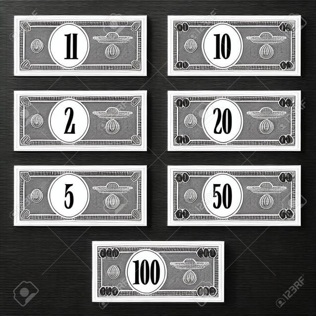 vector fictional black white dollar banknotes