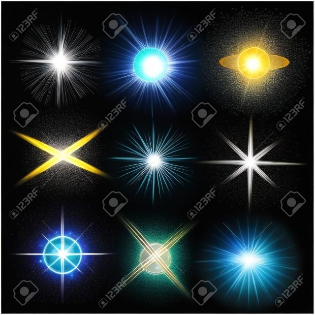 Kreatives Konzept Vector Reihe von Glow Lichteffekt Sterne Bursts mit funkelt auf schwarzem Hintergrund isoliert. Für Abbildung Schablone Kunstentwurf, Fahne für Weihnachten feiern, magischer greller Energiestrahl.