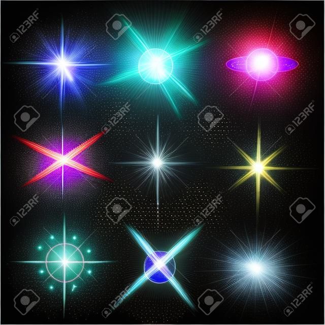 Il concetto creativo L'insieme di vettore delle stelle di effetto della luce di incandescenza scoppia con le scintille isolate su fondo nero. Per la progettazione del modello dell'illustrazione dell'illustrazione, insegna per il Natale celebra, raggio di energia istantaneo magico.