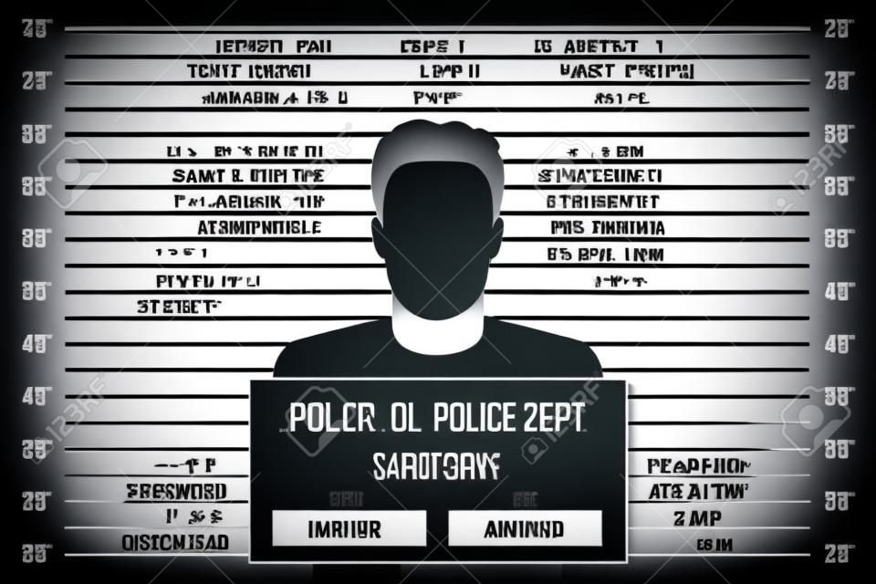 Ilustracja wektorowa kreatywnych składu policji, szablon mugshot ze stołem na przezroczystym tle. Sztuka projektowania sylwetki anonimowego. Element graficzny koncepcja abstrakcyjna.