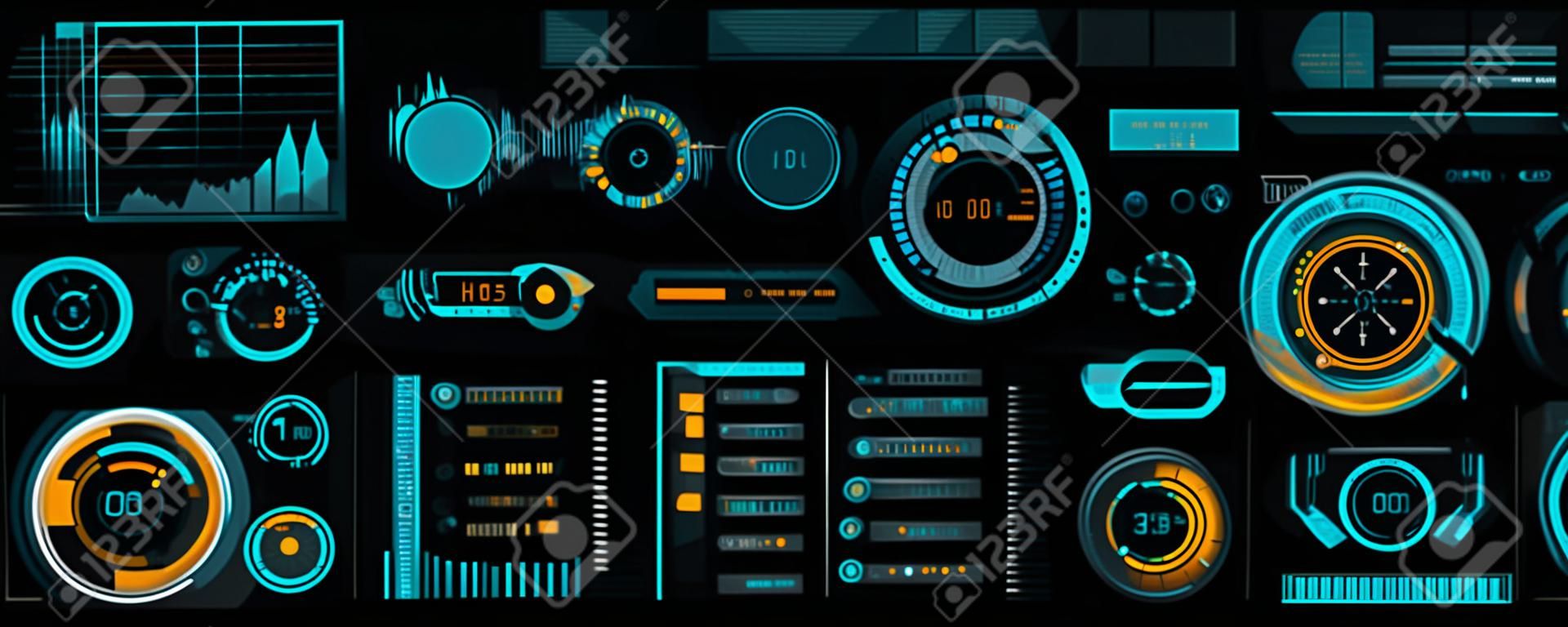 Creative vector illustration of HUD interface elements set, infographics Sci Fi isolated on transparent futuristic background. Art design template. Abstract future concept science virtual graphic.