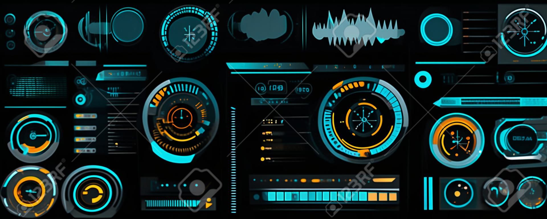 Creative vector illustration of HUD interface elements set, infographics Sci Fi isolated on transparent futuristic background. Art design template. Abstract future concept science virtual graphic.