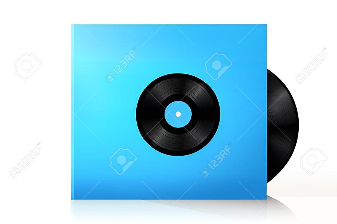Creative illustration of realistic vinyl record disk in paper case box isolated on background. Front view. Art design blank LP music cover mockup template. Concept graphic disco party element.