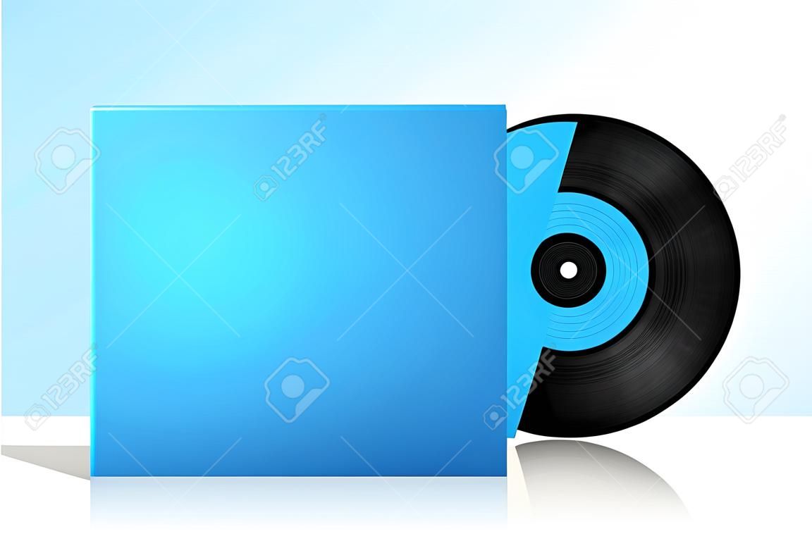 Creative illustration of realistic vinyl record disk in paper case box isolated on background. Front view. Art design blank LP music cover mockup template. Concept graphic disco party element.