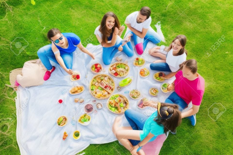 Young people enjoying picnic in park on summer day, top view