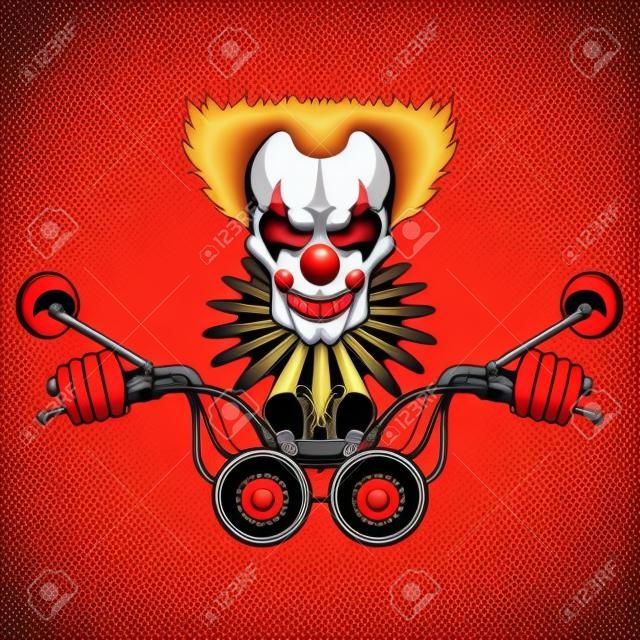 Grafika wektorowa czaszki klauna w czerwonych rękawiczkach jazdy motocyklem. Clown czaszka z rudymi włosami i żabotem na białym tle.
