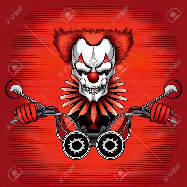 Vector image of a clown skull in red gloves driving a motorcycle. Clown skull with red hair and jabot on a white background.