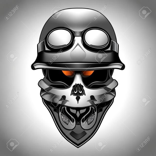 Vector image of a skull in a motorcycle helmet with a bandana on the face. Black and white image on a white background.