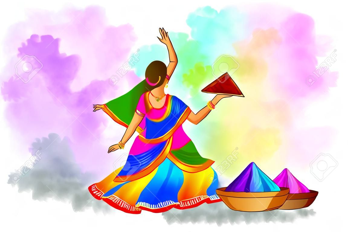 Hand draw fun women character celebrate colorful holi card background