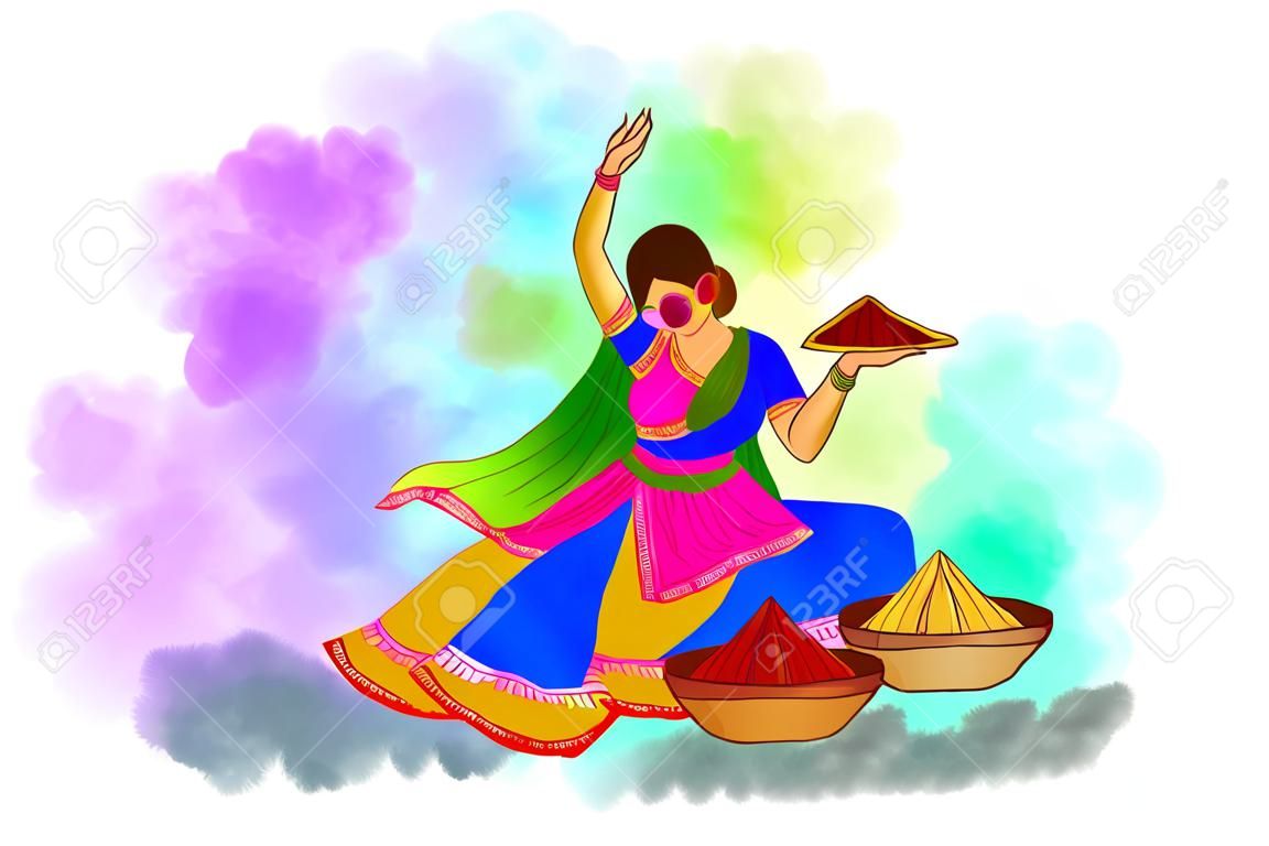 Hand draw fun women character celebrate colorful holi card background