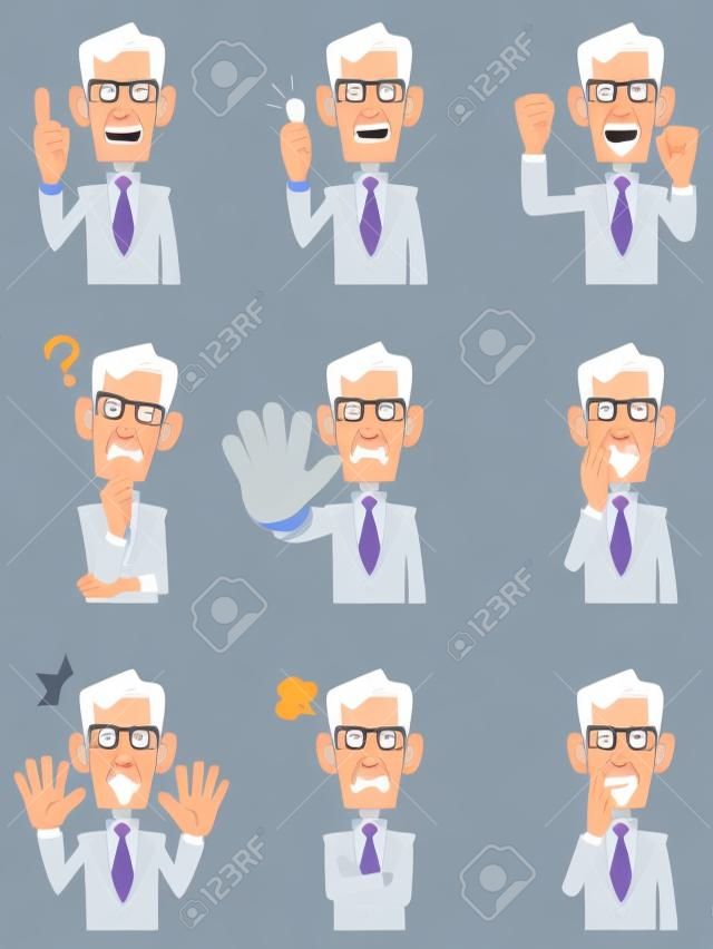 Osoby w podeszłym wieku biznesmenem 9 różnych gestów i wyrazów twarzy