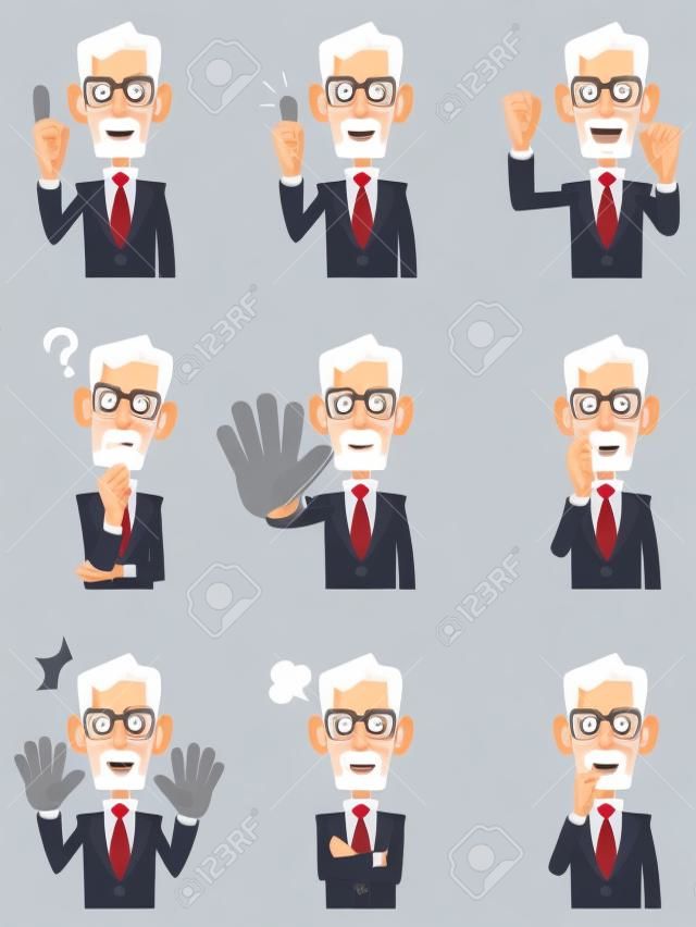 Elderly businessman 9 different gestures and facial expressions