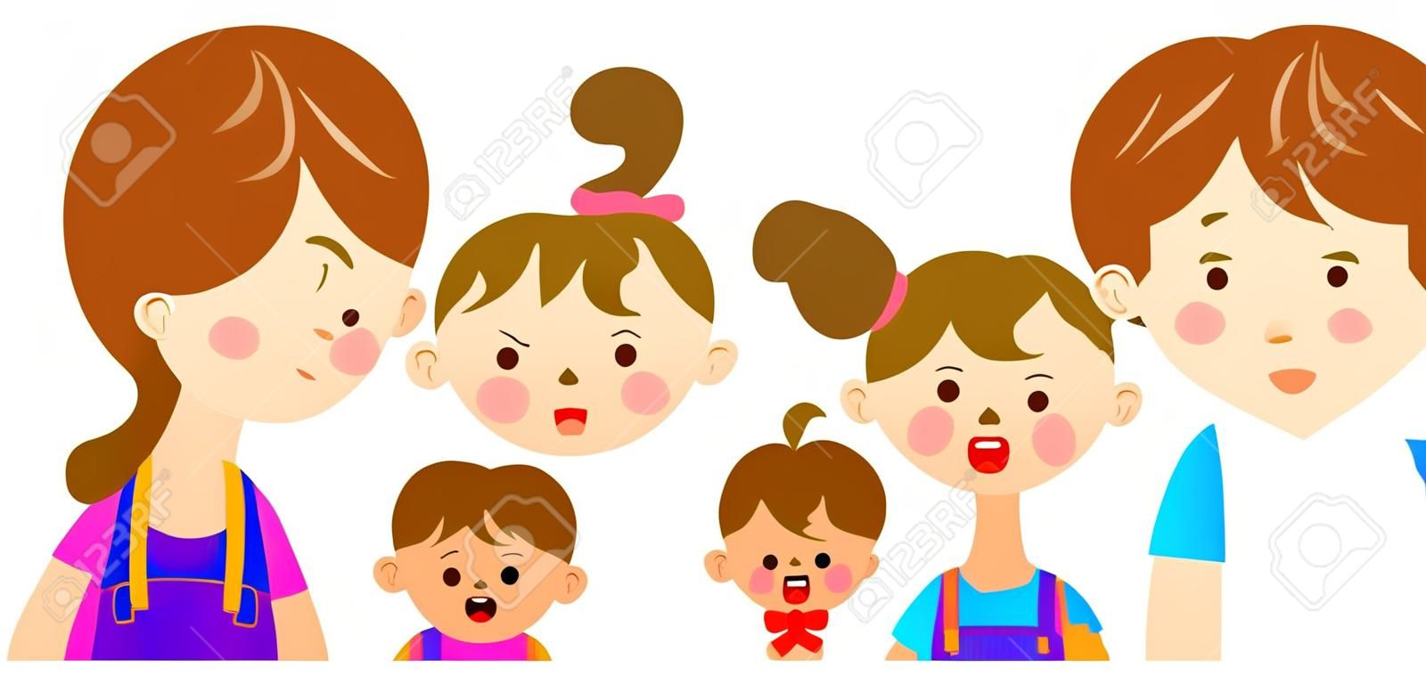 Illustratie van het bovenlichaam van de familie van vier met onrustige expressie