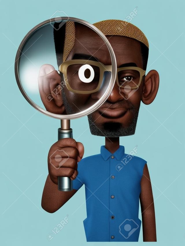 African man in casual clothes looking through a magnifying glass