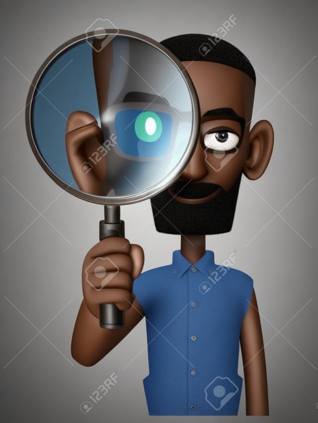 African man in casual clothes looking through a magnifying glass