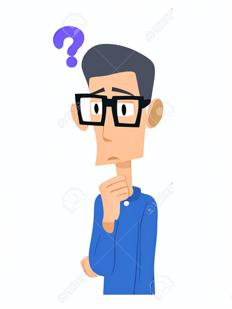 A man in a blue shirt wearing glasses with doubts