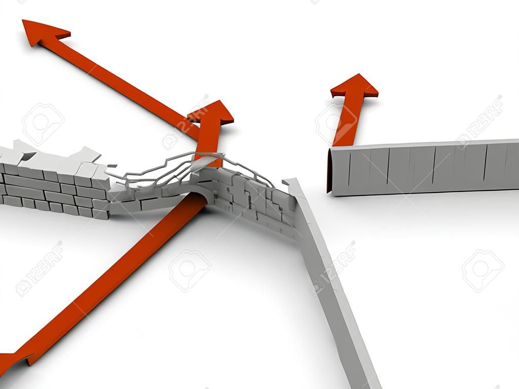 Arrows breaking through and avoiding brick wall, concept of overcoming obstacles