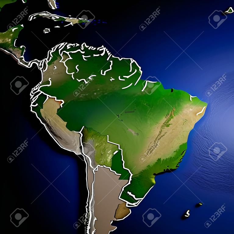 South America on model of Earth with dark blue oceans and embossed landmasses. 3D illustration.