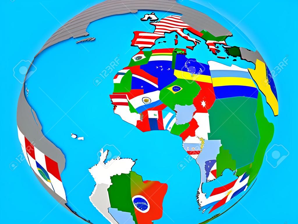 América Latina com bandeiras nacionais embutidas no globo 3D político azul. ilustração 3D.
