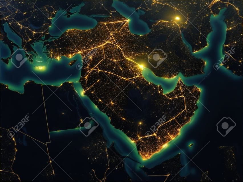 Middle East from space on Earth at night. Very fine detail of the plastic planet surface with bright city lights. 3D illustration.